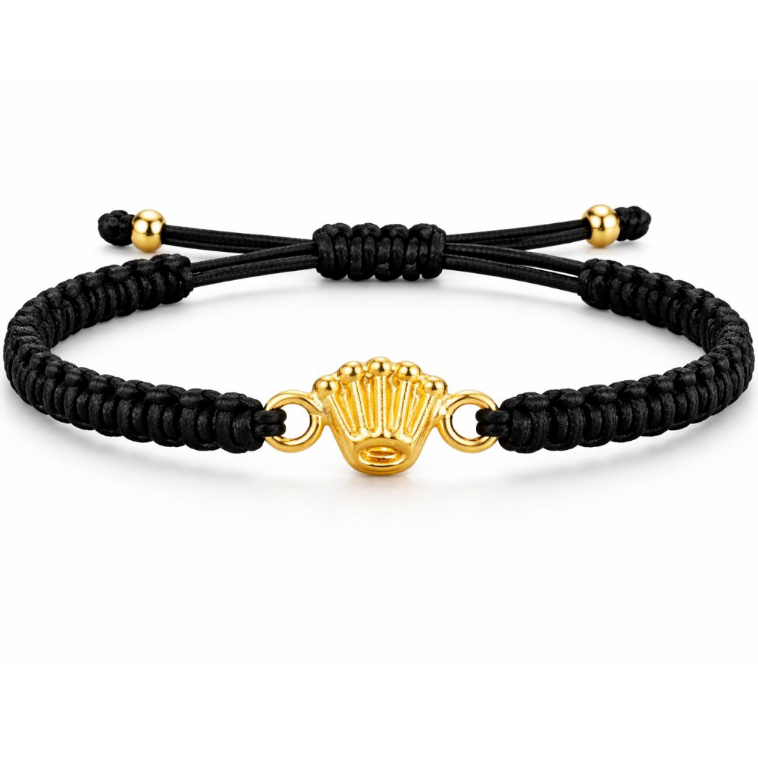 Pulsera Corona en Hilo Negro con Oro 18K – Poder, Elegancia y Distinción