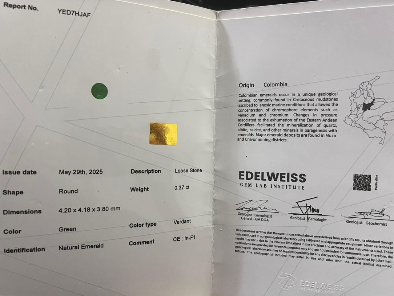 Esmeralda Natural de Mina Muzo Certificada – Corte Redondo - Imagen 2