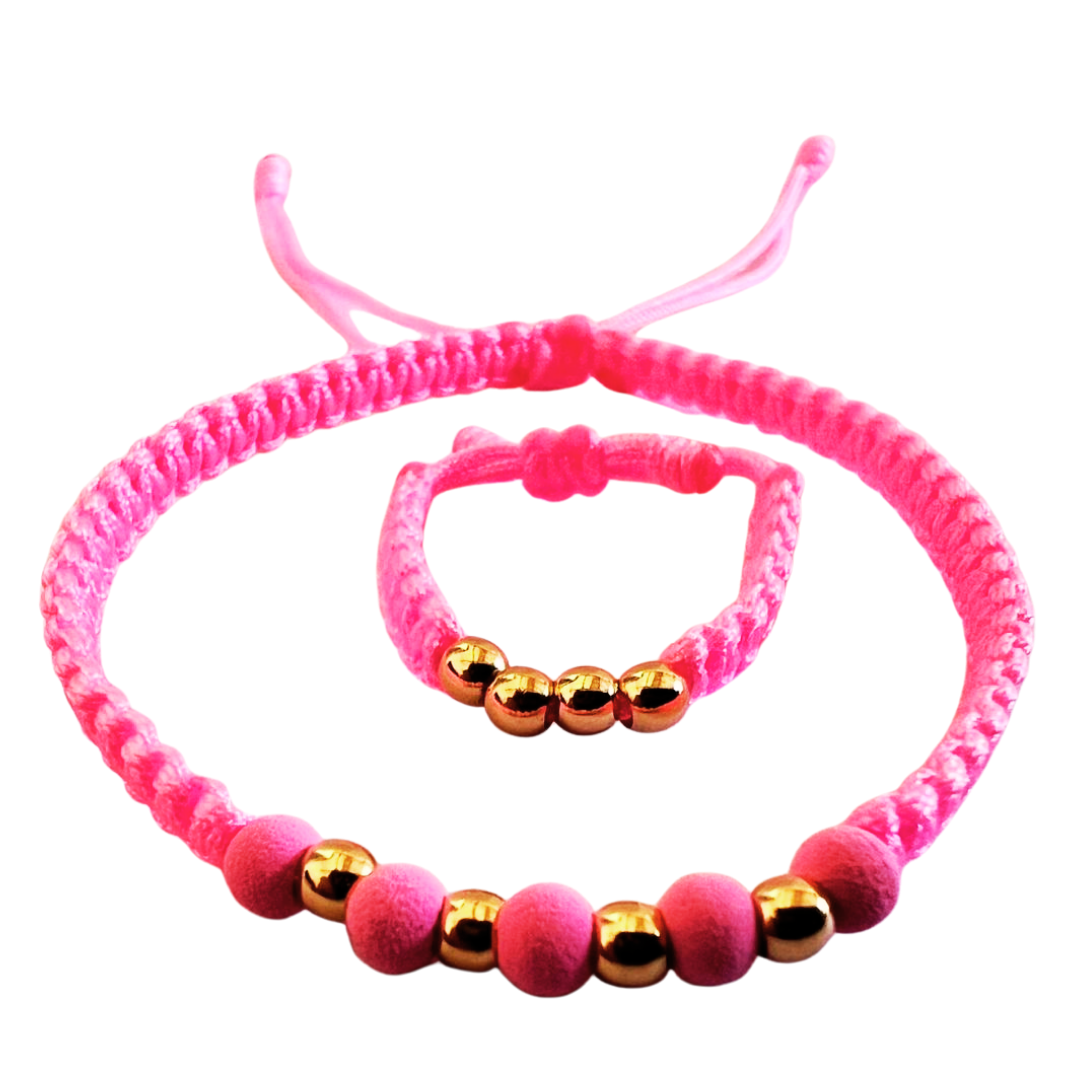 Pulsera & Anillo en Hilo Rosa con Balines en Oro 18K – Delicadeza que Brilla con Intención