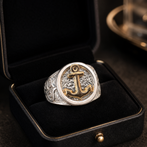 Elegancia náutica en cada detalle: anillo para hombre con ancla en plata 925 y baño de oro 10K